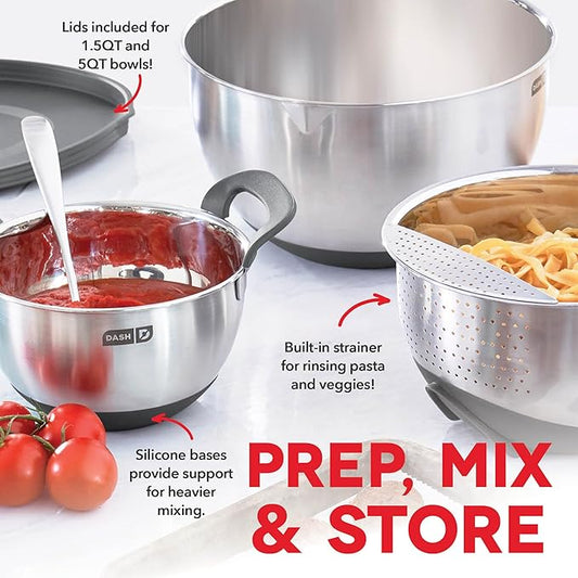 DASH Stainless Steel Mixing Bowls with Lids, Silicone Non-Slip Base with Measuring Lines and Strainer, 3 Bowl Set - 1.5 Quart, 3 Quart, & 5 Quart - Grey