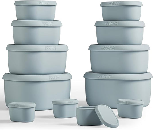 ISSEVE 12Pcs/Set Nesting Silicone Food Storage Containers with Lids, BPA Free Reusable Meal Prep Silicone Containers Airtight, Freezer Dishwasher Safe (33.8oz, 20oz, 10oz, 6.7oz, 1.3oz) (Grey)