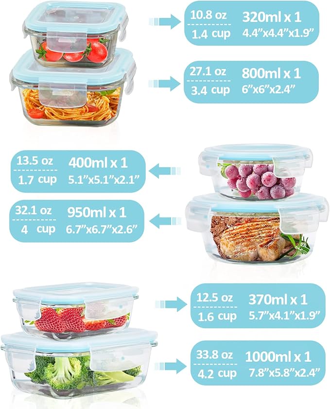 Glass Food Storage Containers With Lids Airtight 6 Pack, Not Easy Broken & Leak Proof, Oven/Dishwasher Safe, Blue