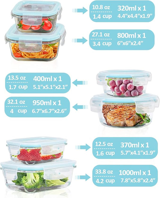 Glass Food Storage Containers With Lids Airtight 6 Pack, Not Easy Broken & Leak Proof, Oven/Dishwasher Safe, Blue