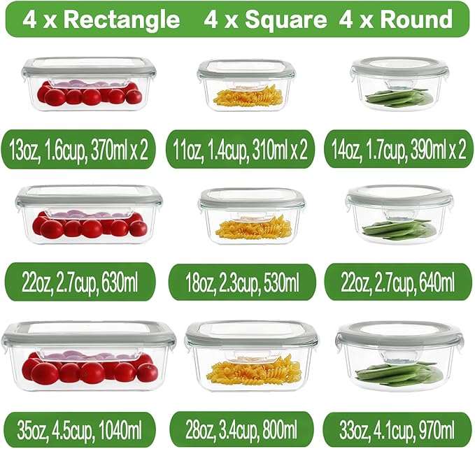 HOMBERKING 24pc Glass Food Storage Containers with Lids, Glass Meal Prep Containers, Airtight Glass Bento Boxes, BPA Free & Leak Proof, Pantry Kitchen Storage(12 lids & 12 Containers) - Gray