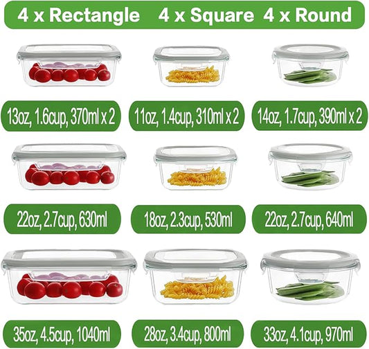 HOMBERKING 24pc Glass Food Storage Containers with Lids, Glass Meal Prep Containers, Airtight Glass Bento Boxes, BPA Free & Leak Proof, Pantry Kitchen Storage(12 lids & 12 Containers) - Gray