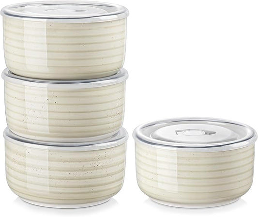vancasso Bonbon Ceramic Bowls with Lids Set of 4, 36 oz Microwave Safe Soup Bowls, Airtight Food Storage Containers for Meal Prep, Salad, Cereal, Leftovers, Lunch, and Serving, Beige
