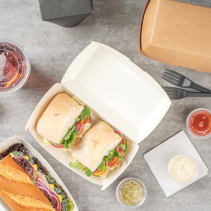 Restaurantware Bio Tek 6.7 x 3.5 x 3.5 Inch Clamshell Food Containers 100 Disposable Sandwich Containers - Hinged Lid Tab-Lock Closure White Paper Hot Dog Containers Recyclable Greaseproof