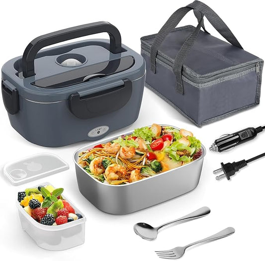 Electric Heated Lunch Box for Car, Truck, Home – 1.5L 60-80W Portable Food Warmer with 12V/24V/110V Plug Stainless Steel Leakproof Container – Hot Meal Solution for Work, Travel, Jobsite, Camping