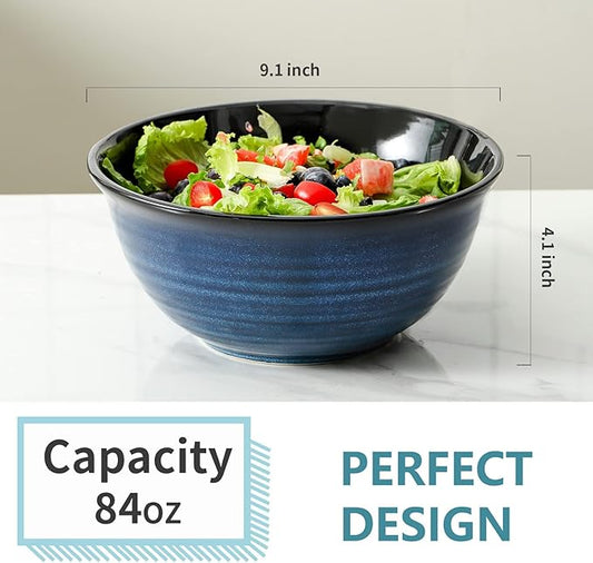Large Serving Bowls, 84 Ounce Ceramic Salad Bowls Set of 2 for Kitchen Space Saving Storage, Porcelain Nesting Bowls for Cooking,Popcorn,Soup,Pasta,Fruit, Microwave & Dishwasher Safe, Blue