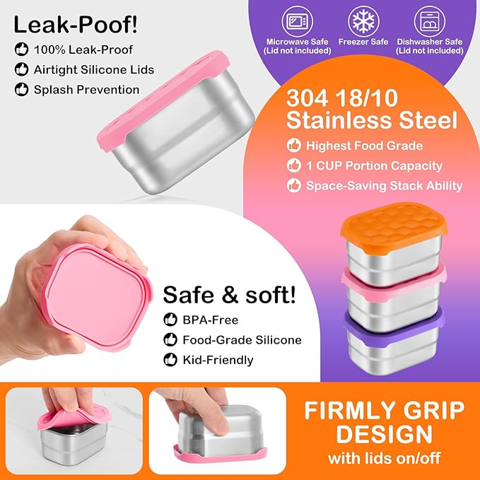 Leonyo 18/10 Stainless Steel Snack Containers for Kids, 8oz Food Container with Silicone Lid Easy Open Leak Proof, Metal Toddler Lunch Box for Daycare School, Healthy & Lightweight, Multi-color&3Pcs