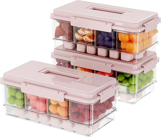 Eanpet 3Pack Ice Chilled Condiment Caddy with 4 Containers & 4 Lids Fruit Serving Tray Platter with Handle Portable Condiment Organizer Server for Mimosa Bar Supplies,Salad,Taco,Party Garnish,Pink
