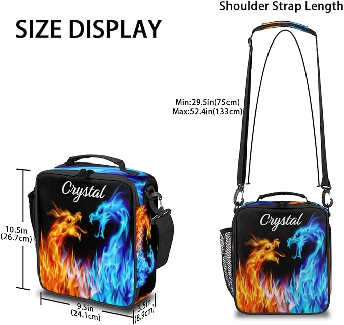 Personalized Lunch Box with Name, Custom Lunch Box Flame Dragon Customized Insulated Lunch Bag Tote, Cooler Freezable Meal Prep Bag with Shoulder Strap Waterproof Lunch Container for Office Picnic
