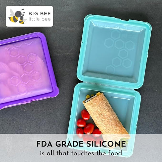 Big Bee, Little Bee - SoftShell Reusable Silicone Food Storage Container with Connected Clamshell Lid, Easy to Clean, Snaps Closed, Microwave, Freezer & Dishwasher Safe (Stone)