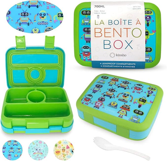 kinsho Bento Lunch Box for Kids Toddlers Boys, 4 Portion Sections Secure, BPA Free Removable Tray, Pre-School Kid Daycare Lunches Snack Container, Green Robot Ages 3 to 5