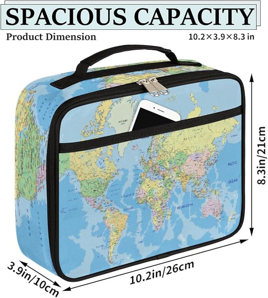 Political World Map Lunch Box for Women Men Map Blue Ocean Soft Insulated Lunch Bag with Handle Freezable Lunch Cooler Reusable Lunch Tote Bag for Office Work Sports Beach Picnic Travel