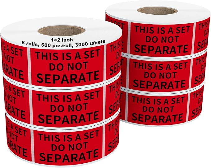 6 Rolls 1" x 2" Warning Label, This is a Set Do Not Separate Fluorescent Red FBA Packing Labels Permanent Adhesive (6 Rolls, 3000 Labels)