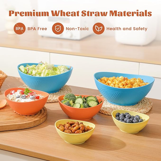 Homienly Wheat Straw Mixing Bowls Set of 6 with 3 Size, Stackable Nesting Bowls Set,Unbreakable Bowls for Kitchen, Picnic, Microwave and Dishwasher Safe Bowls for Salad,Cereal,Snack(Shoreline Color)