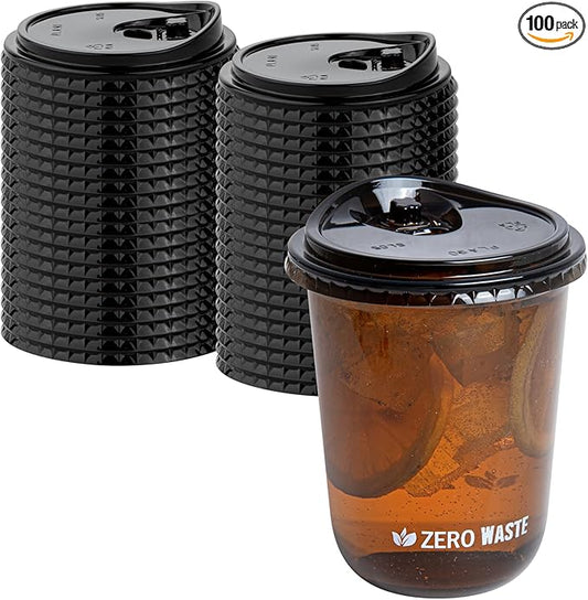 LIDS ONLY: Zero Waste 3.5 x 3.5 Inch Plastic Lid, 100 Disposable Sippy - Cups Sold Separately, Commercially Compostable, Black PLA, Fits 12, 16, and 24 Ounce Cups - Restaurantware