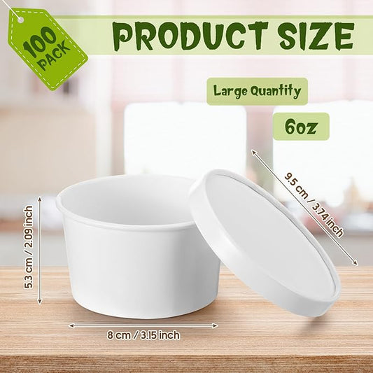 Fulmoon 100 Pack Paper Soup Containers with Lids Disposable Paper Food Containers with Vented Lids Kraft Ice Cream Bowls Soup Cup Ice Cream Cups for Restaurants(6 oz,White)