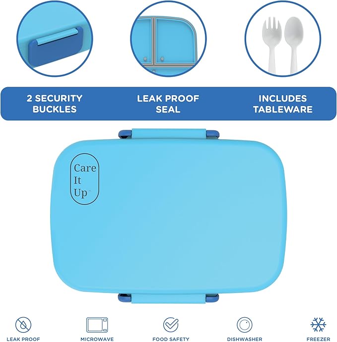 Kids Bento Lunch Box For Boys and Girls With Free Cutlery Set, 6 Sticker Sheets (5+ Years) and Parent Cards - 880 ML Leakproof 3 Compartment Lunch Box for kids, Portion Control Bento Box Kids - Blue