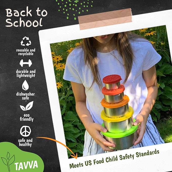 Stainless Steel Containers with Lids [Set of 5] - Leakproof Stainless Steel Food Storage Container - Nesting Snack Holders - Snack Containers For Kids - Lunch Box for Kids - Metal Lunchbox