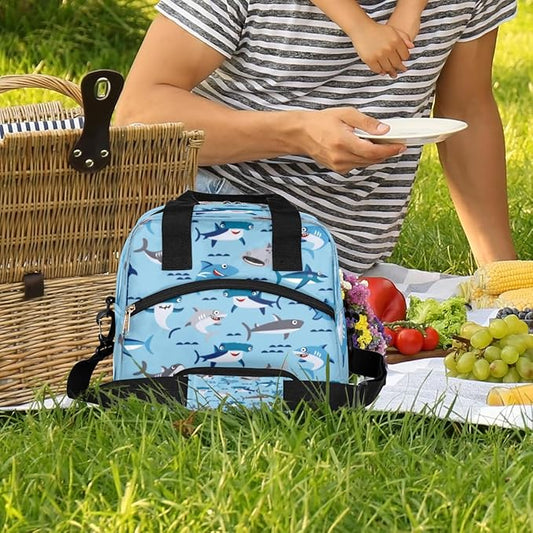 Insulated Lunch Bag for Women Men Funny Sharks Leakproof Cooler Tote Bag Large Reusable Adult Lunch Box with Adjustable Shoulder Strap for Office Work Picnic Travel Beach
