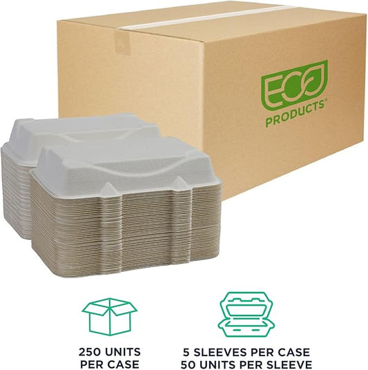 Eco-Products Compostable Vanguard 9"x6" Clamshell To Go Containers, Case of 250, Take Out Food Box, White Renewable Molded Fiber, No-Added PFAS, Grease & Cut Resistant, ASTM Compliant, BPI-Certified