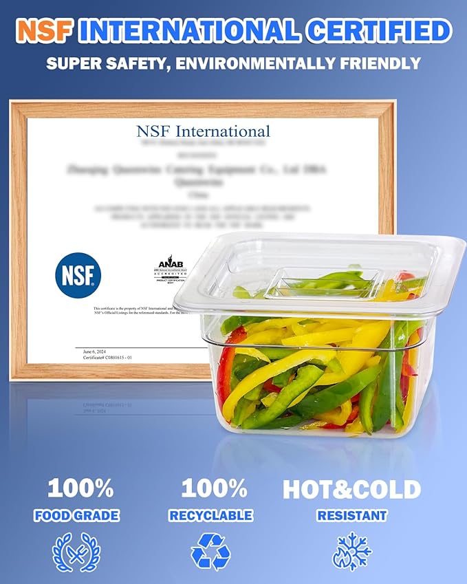 1/6 Size 2.5 Inch Clear NSF Polycarbonate Food Pan-9 PCS[Food Grade][Hot&Cold Resistant] Commercial Pans with Lids, Restaurant Food Storage Containers Hotel Pan(BPA-FREE)