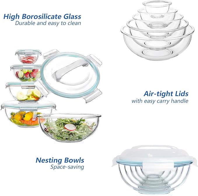 Luvan Glass Mixing Bowl with Lids Set of 5(0.2QT, 0.5QT, 1.1QT, 2.1QT, 3.75 QT), Space-Saving Nesting Bowls Anti-slip Salad Bowls for Storage, Cooking, Microwave,Freezer,Oven and Dishwasher Safe