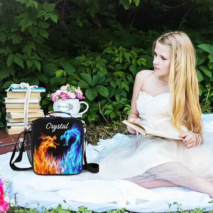 Personalized Lunch Box with Name, Custom Lunch Box Flame Dragon Customized Insulated Lunch Bag Tote, Cooler Freezable Meal Prep Bag with Shoulder Strap Waterproof Lunch Container for Office Picnic