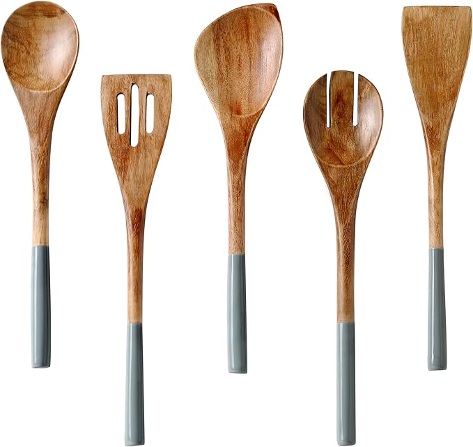 Folkulture Wooden Spoons for Cooking | 12" Premium Acacia Wooden Utensil Set of 5 - Smooth Finish, Soft Comfort Cooking Utensils Set for Kitchen, Gifts | Non Stick Wooden Cooking Utensils Set of 5