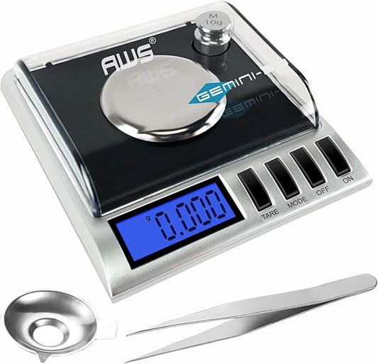 AWS Gemini-20 Milligram Scale 20g x 0.001g – Digital Jewelry/Lab Scale for Powder, Gold, Gems – Includes Calibration Weights, Tweezers & Tray – Tare, Cal, 6 Units, Pocket Size Mg Scale (Black)