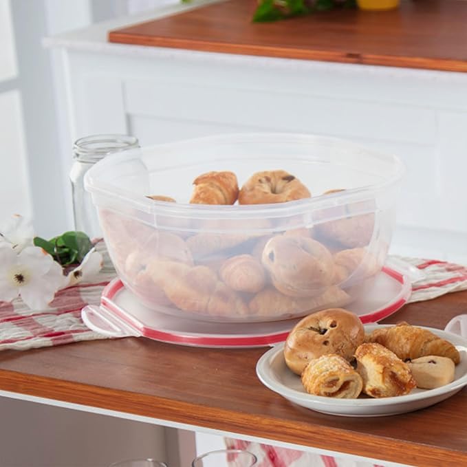 Sterilite Ultra-Seal 8.1 Qt Bowl, Large Airtight Food Storage Container, Latching Lid, Microwave and Dishwasher Safe, Clear With Red Gasket, 4-Pack