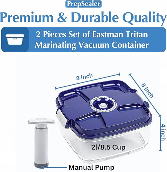 Marinating Vacuum System Container-Makes Food Tastier, Juicier, Healthier and More Tender (2 Liter, Square Shape, Tritan Material, Blue Color, Manual Hand Pump Included)