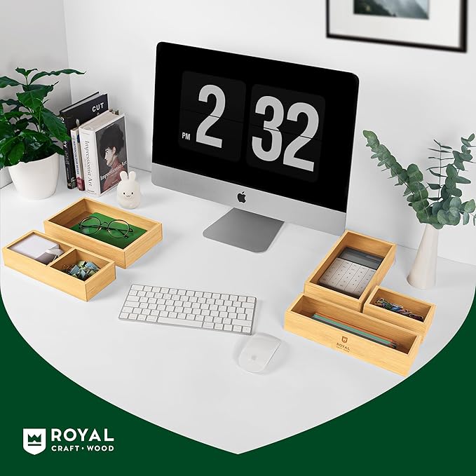 ROYAL CRAFT WOOD 5-Piece Bamboo Drawer Organizer Set – Multi-Use Storage Trays for Kitchen, Bathroom, Office, Makeup, Jewelry & More – Junk Drawer Tray, Utensil Holder, Storage Box & Bin Set (5 Boxes)