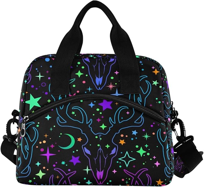 MNSRUU Insulated Lunch Bag - Deer Magic Skulls Lunch Box Tote Cooler Bag - Reusable, Leakproof with Adjustable Shoulder Strap - For Work, School