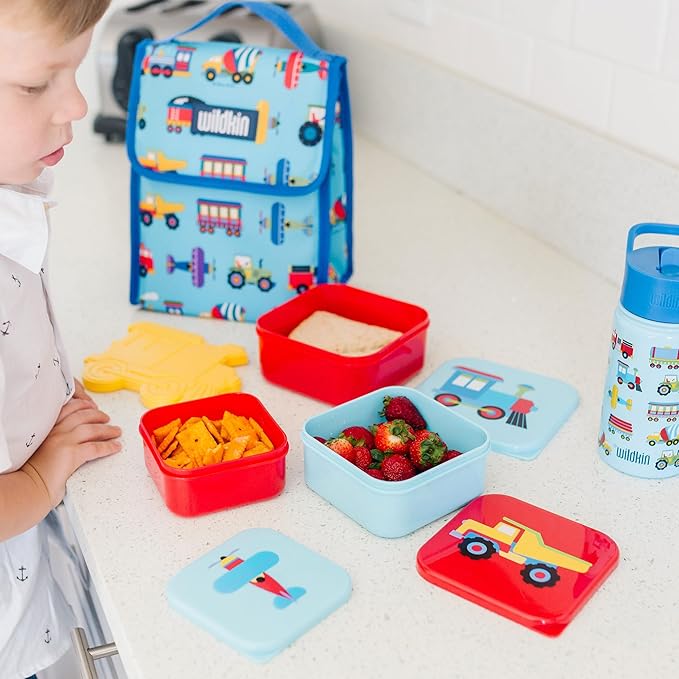 Wildkin Nesting Food Containers for Kids – Stackable, Airtight & Dishwasher Safe - Set of 3 - Trains, Planes & Trucks