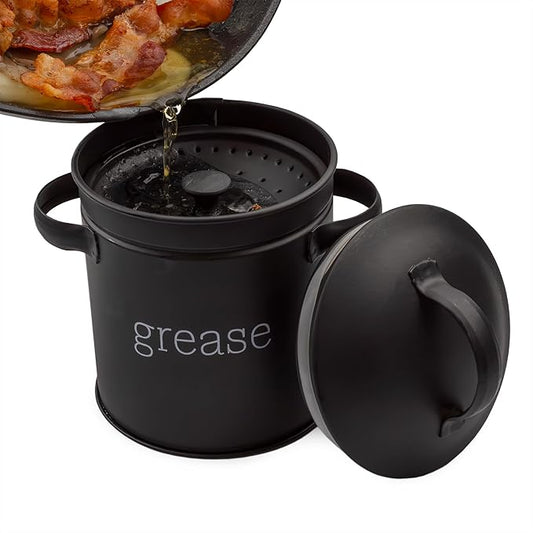 AuldHome Design Enamelware Grease Container w/Strainer (Black), Farmhouse Style Kitchen StorageTin, Labeled “Grease”