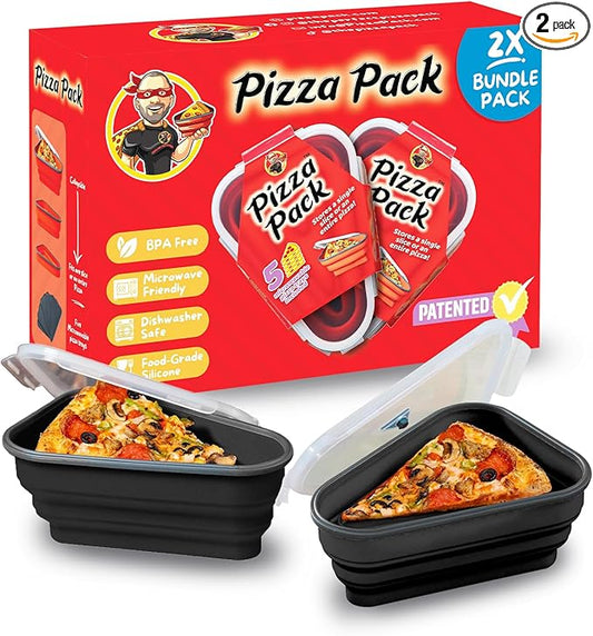 PIZZA PACK The Perfect Reusable Pizza Storage Container with 5 Microwavable Serving Trays - BPA-Free Adjustable Pizza Slice Container to Organize & Save Space, 2 Pack, Black