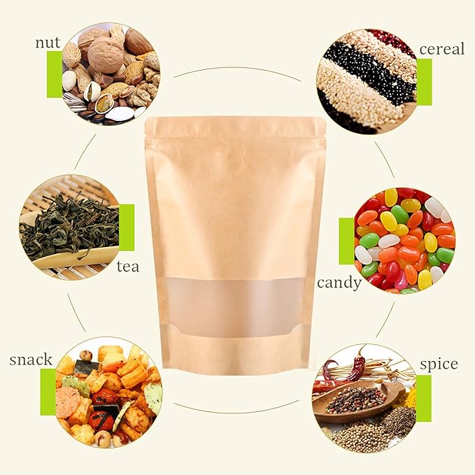 Kingrol 100 Count 7 x 10.25 Inch Kraft Paper Bags with Resealable Lock Seal Zipper &Transparent Window, Stand Up Food Bags