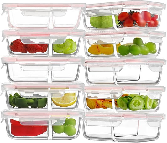 HOMBERKING 10 Pack 24oz Glass Meal Prep Containers 2 Compartment, Glass Food Storage Containers with Lids, Airtight Glass Lunch Bento Boxes, BPA-Free & Leak Proof (10 lids & 10 Containers) - Pink