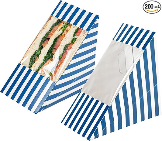 Restaurantware-Cafe Vision 4.8 x 3.2 Inch Sandwich Paper Boxes, 200 Large Sandwich Wedge Boxes - With Window, Disposable, Blue And White Paper Triangle Sandwich Containers, Striped, Grease-Impervious