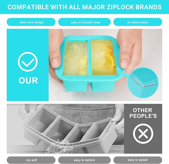 Silicone Freezer Tray with Lid 4 Pack Silicone Freezer Molds Ice Cube Tray Makes 8 Perfect 1 Cup Portions Soup Cubes Meal Prep Containers - Oven & Dishwasher Safe