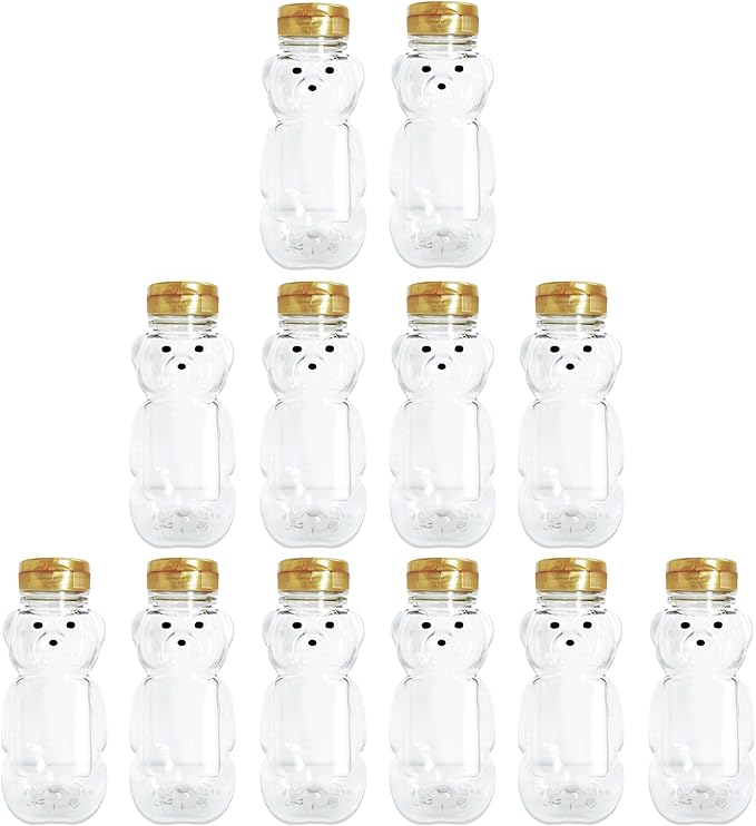 12 Pack of 8 Ounce Honey Bears with Sealable Gold Flip Top Lids (8 oz. Bear, 12pk, Gold)