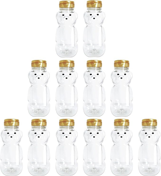 12 Pack of 8 Ounce Honey Bears with Sealable Gold Flip Top Lids (8 oz. Bear, 12pk, Gold)