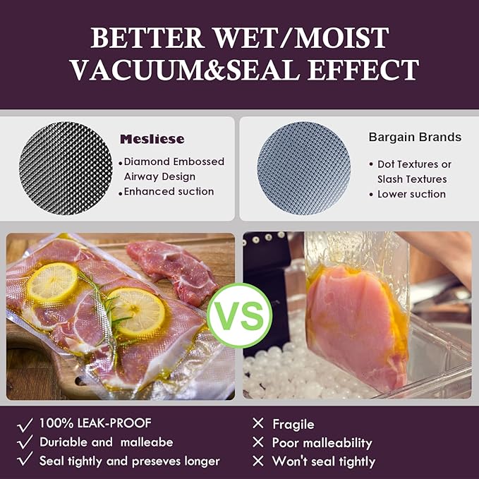 Vacuum Sealer Bags Rolls for Custom Fit 8''x16' 3 Pack, Heavy-Duty Thick Food Bag, BPA-Free, Freezable, Use for Sous Vide and Storing Raw and Cooked Foods, Universal Compatibility