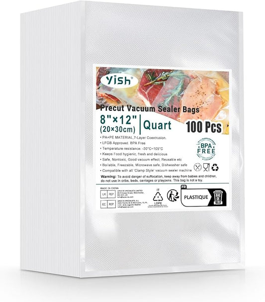 Vacuum Sealer Bags: 100 Quart 8"12" Precut Bags for Food Saver, Commercial Grade, BPA Free, Heavy Duty Sealing Bags for Storage, Meal Prep, Sous Vide