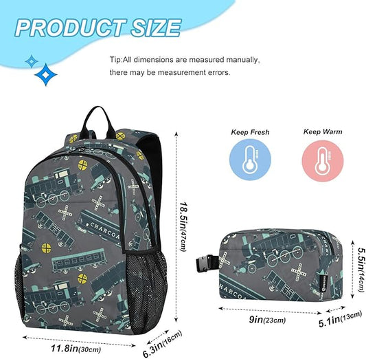 Cartoon Train Kids Backpack for Girls Boys School Bookbag with Insulated Lunch Box for Elementary Primary Schooler School Backpack