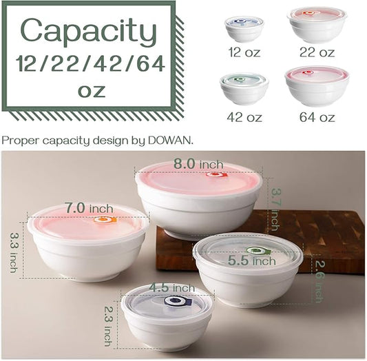 DOWAN Ceramic Bowl Set with Lids, Serving Bowls with Lids, Food Storage Container, Porcelain Prep Bowl, Small Mixing Bowls for Kitchen, Microwave & Dishwasher Safe, 64/42/22/12 Ounces, Set of 4