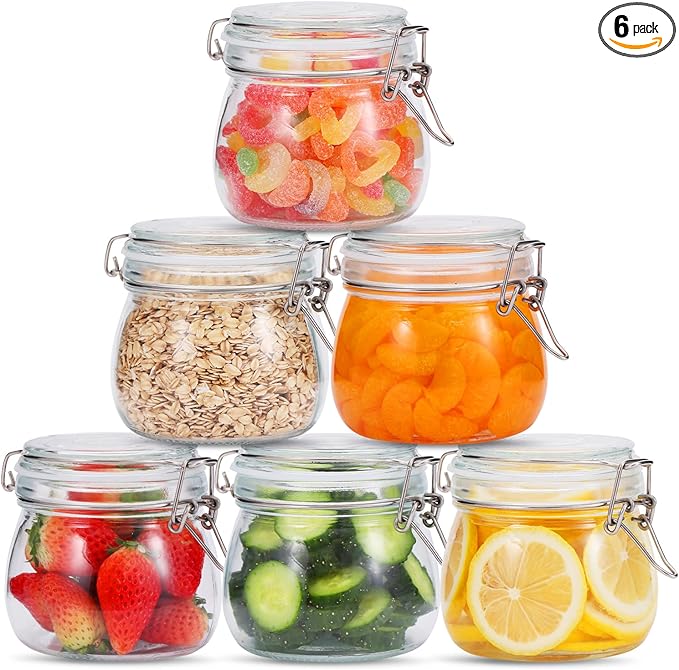 17 oz Glass Jars with Airtight Lids And Leak Proof Rubber Gasket, Wide Mouth Mason Jars with Hinged Lids for Kitchen Canning Cereal,Pasta,Sugar,Beans,Spice, Glass Storage Containers, Set of 6