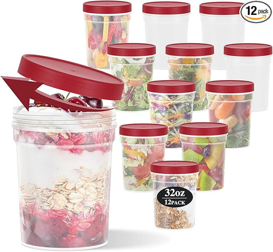32 oz -12 Pack Reusable Food Freezer Storage Containers with Lids BPA Free, Twist Top Deli Container, Leak Proof, Stackable, Microwave and Dishwasher Safe-Elegant Red