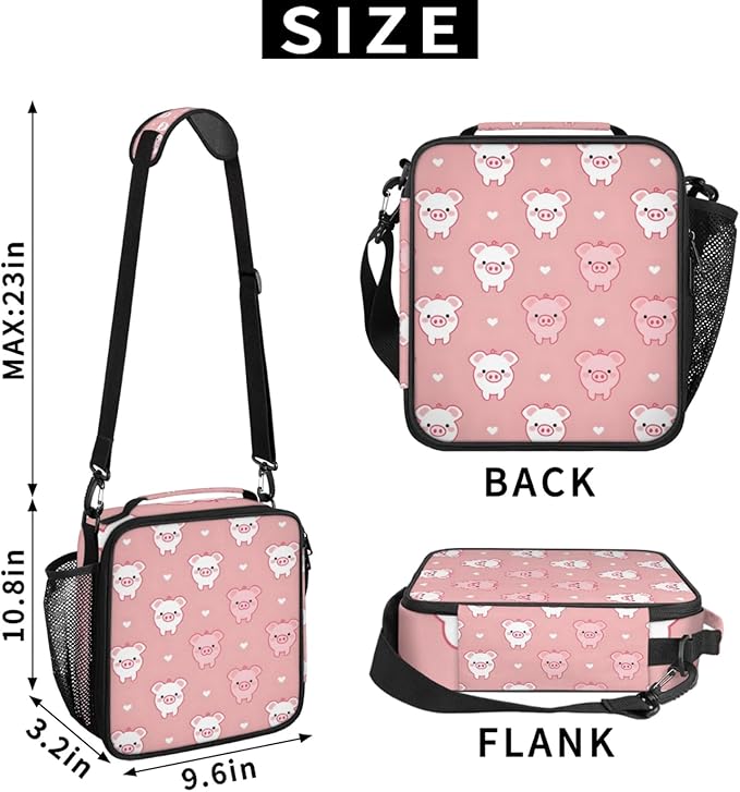 Pigs Pink Kid Lunch Bags with Shoulder Strap Insulated Lunch Boxes for Boy Girls Waterproof Thermal Cooler Tote Bag Portable Picnic Bag for School Work Outdoor Gifts
