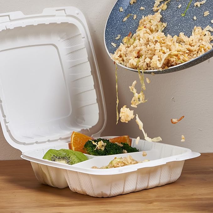 FULING [8x8-Inch, 50 Pieces, 3-Compartment Disposable To Go Box Containers, Plastic Clamshell Takeout Food Trays, Microwave Safe, Cut Resistantstable Hinged Lid, Hybrid Polypropylene, White